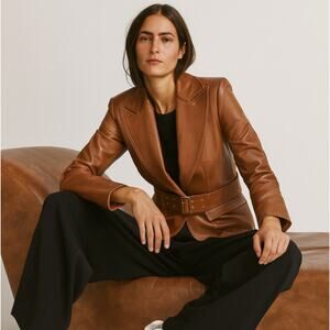 GUCCI 100% Leather Blazer Jacket Belted Cognac Brown Tan Camel IT 40/US S $5300